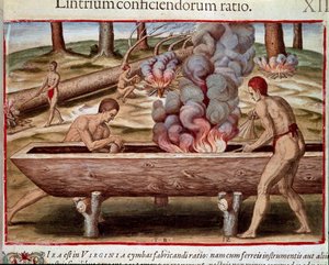 Amerika története: „Az indiánok hajókat építenek” Theodore de Bry (1528-1598) „Admirante Narratio Americae” című metszete alkotó: Theodore de Bry