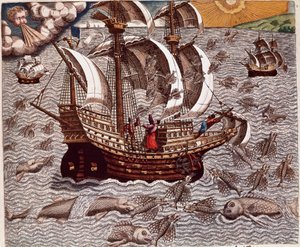 Amerika története: "" Spanyol karavellák utazása repülő halakkal körülvéve"" Hans Staden német felfedező, aki a spanyol flottákkal együtt indult Brazíliába, a tupinamba indiánok fogságába. Metszet az „Americae tertia pars memorabi alkotó: Theodore de Bry