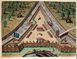 Amerika története: „Fort Carolina élete, Carolina bástyája” „Metszet az „Admirante Narratio Americae”-ból”, Theodore de Bry (1528-1598) Jacques le Moyne (de Morgues) (1533-1588) rajza alapján alkotó: Theodore de Bry