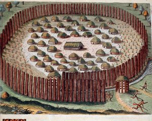 Amerika története: „” Egy indián falu ábrázolása megerősített Floridában”” Metszet az „Admirante Narratio Americae” című könyvből, Theodore de Bry (1528-1598) alkotó: Theodore de Bry