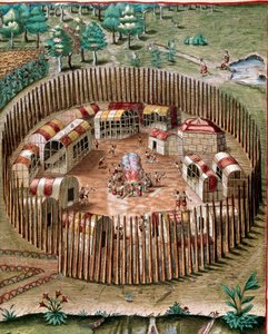 Amerika története: "" Pomeiock vagy Pomeiooc erődváros ábrázolása Virginiában 1585-ben"" Metszet Theodore de Bry (1528-1598) "" Admirante Narratio Americae" című könyvéből alkotó: Theodore de Bry