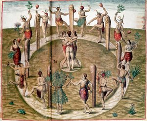 Amerika története: „Rituális tánc a barátság ünneplésére” Theodore de Bry (1528-1598) metszete. 16. századi Vincennes, a Haditengerészet Történeti Múzeuma alkotó: Theodore de Bry