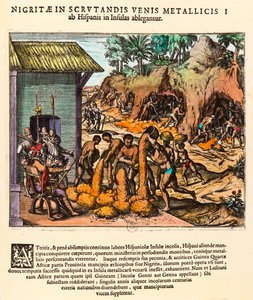 Amerika története: A spanyolok aranybányákat zsákmányolnak. Az indiánok a telepesek szeme láttára dolgoznak. Theodore de Bry (1528-1598) metszete. 16. századi Magángyűjtemény