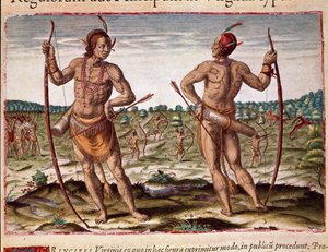 Amerika története: "" Virginia két lakosa, indián nyilak és íjfegyverek"" Theodore de Bry (1528-1598) "" Admirante Narratio Americae" című metszete alkotó: Theodore de Bry