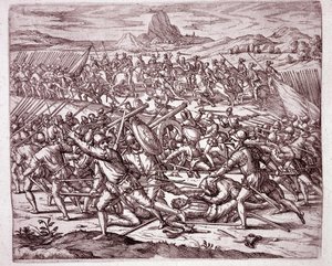 Amerika története: harcok Vaca de Castro és Almagro junior serege között Francisco Pizarro és Diego de Almagro halála után (metszet alkotó: Theodore de Bry