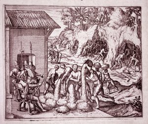 Amerika története: a spanyolok kiaknázzák az aranybányákat (metszet alkotó: Theodore de Bry