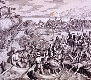 Hogyan szálltak partra a spanyolok Haiti szigetén, 400 emberrel, akik nagy csatát vívtak a bennszülöttekkel, illusztráció a „Vespucci útja Nyugat-Indiába” c. alkotó: Theodore de Bry