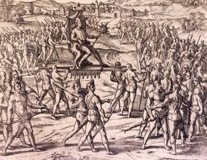 Atahualpa inka császárt legyőzték Francisco Pizarro (1475-kb. 1541) spanyol csapatai, Peru, Theodore de Bry (1528-1598) metszet az amerikai történelemből, Frankfurt alkotó: Theodore de Bry