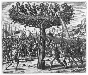 Indiánok egy fában lövedékek a spanyoloknál alkotó: Theodore de Bry