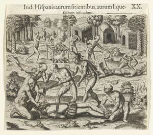 Az indiánok folyékony aranyat öntenek egy spanyol szájába, 1594. alkotó: Theodore de Bry
