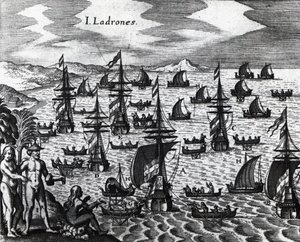 Tolvajok szigetei (Islas de los Ladrones, ma Marianas-szigetek), Theodor de Bry (1528-1598) metszete Peregrinationesből. 16. század alkotó: Theodore de Bry