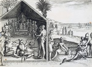 Király európai látogatókat fogad, Lopez-fok, Gabon, Theodor de Bry (1528-1598) indiai orientalis metszete, Afrika alkotó: Theodore de Bry