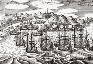 Mexikó, kilátás Acapulcóra - Mexikó (Aquapolque), Theodore de Bry, kb. 1630. Az acapulcói gyarmati település korai képe, amelyet a spanyolok a Fülöp-szigetekkel folytatott csendes-óceáni kereskedésük fő kikötőjeként használtak. A kikötő tele van galleonokk alkotó: Theodore de Bry