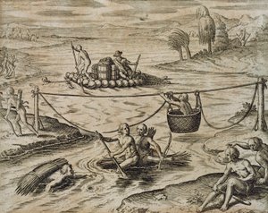 Őslakos amerikai indiánok lefelé a folyón, írta Theodore de Bry alkotó: Theodore de Bry