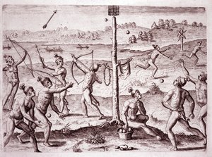 Amerikai őslakosok, akik futást, nyilak lövöldözést és labdadobást gyakorolnak, Florida (gravírozás alkotó: Theodore de Bry