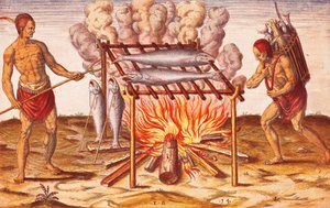 Bennszülöttek élete: Theodore De Bry Admiranda Narratio című elbeszéléséből származó illusztráció: Hogyan főznek halat az indiánok? alkotó: Theodore de Bry