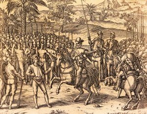 Pizarrót üdvözölték a bennszülöttek, Theodore de Bry illusztrációja az amerikai történelemből alkotó: Theodore de Bry