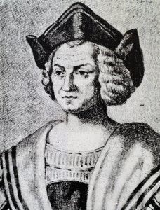 Kolumbusz Kristóf (1451-1506) portréja, Theodore de Bry (1528-1598) metszete alkotó: Theodore de Bry