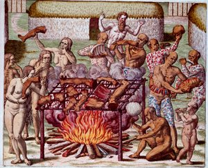A kannibalizmus jelenete Brazíliában Az indiánok felfalták ellenségeiket és foglyaikat. Theodore de Bry (1528-1598) „Admirante Narratio Americae” című metszete