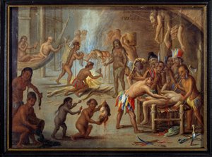 A kannibalizmus színtere Brazíliában 1644-ben Az indiánok felfalták ellenségeiket és foglyaikat. Jan van Kessel dit le vieux (1626-1679) (ec.flam.) festménye Theodore de Bry brazíliai utazásainak illusztrációjáról. Nap. 0,18x0,24 m La Rochelle, musee d