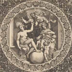 Jelenet Misericordiával és Veritassal egy körben a középpontban, 1580-1600. alkotó: Theodore de Bry