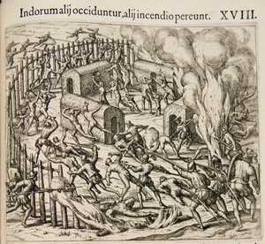 Egyes indiánok meghalnak, mások elpusztulnak egy tűzben. Feladó: Americae pars qvarta alkotó: Theodore de Bry