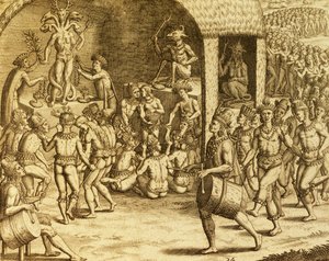Dél-amerikai őslakos vallási rítus, metszet a Historia americae-ből, Theodor de Bry (1528-1598), Frankfurt alkotó: Theodore de Bry