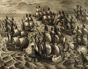 Rodrigo Mendoza spanyol armada parancsnoksága, Theodore de Bry (1528-1598) metszete, amelyet Theodore de Bry, Spanyolország, Amerika története című könyvéből vett át, 1602 alkotó: Theodore de Bry