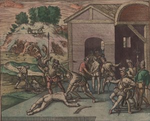 A spanyol katonák megfigyelik és végrehajtják egy rabszolga megbüntetését, 1595. alkotó: Theodore de Bry