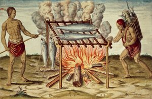 Taino bennszülöttek halat főznek, Theodor de Bry (1528-1598) színes metszete John White festményéből, rövid és igaz beszámoló Virginia új megtalált földjéről alkotó: Theodore de Bry