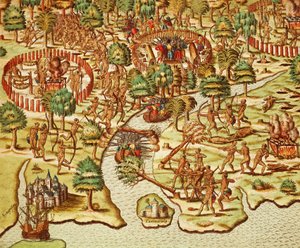 Az ostrom és támadás technikái, metszet Theodor de Bry (1528-1598), az Americae tertia pars-ból alkotó: Theodore de Bry
