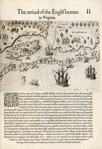 „Az angolok érkezése Virginiába” Thomas Harriot „A Briefe and True Report of the New Found Land of Virginia” című könyvéből (metszet) alkotó: Theodore de Bry