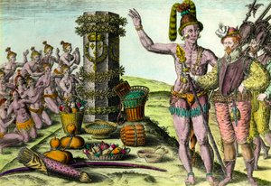 A floridaiak érkeztek Jean Ribault (1520-1565) francia navigátor oszlopos erigéje az első floridai expedícióhoz. Metszet Theodore De Bry (1528-1598) „Amerika történelméből” 16. századi magángyűjtemény alkotó: Theodore de Bry