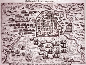 A Francis Drake flotta Santo Domingo szigetét foglalja el (metszet alkotó: Theodore de Bry