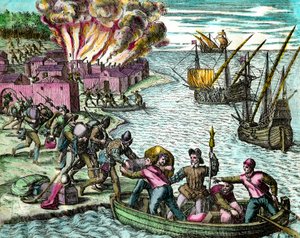 A franciák kifosztják és felgyújtják Chioreran városát, Theodore de Bry (1528-1598) 16. századi magángyűjteményének metszete „Amerika történelméből” alkotó: Theodore de Bry