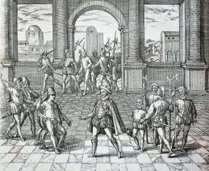 Atahualpa inka király spanyol fogságba esett Cajamarcában, Theodore de Bry illusztrációja az amerikai történelemből alkotó: Theodore de Bry