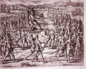 Az inka királyt, Atahualpa (vagy Atabaliba) napformájú jogart tartva egy almon viszik, hogy találkozzon Francisco Pizarroval (metszet alkotó: Theodore de Bry