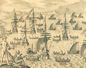 A tolvajok szigete, metszet Theodore de Bry Amerikai történelem című művéből, Észak-Amerika 17. század. alkotó: Theodore de Bry