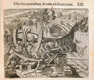 A spanyolok építik első hajójukat az Újvilágban, az amerikai Theodor de Bry (1528-1598) metszetét alkotó: Theodore de Bry