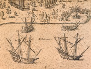 Francia hajók érkezése Floridába alkotó: Theodore de Bry