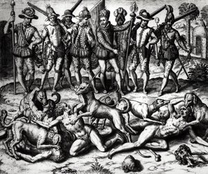 Vasco Nunez de Balboa (1475-1571) kutyái megtámadják az indiánokat