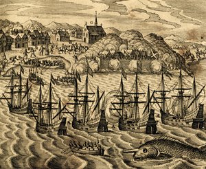 A mexikói Acapulco kikötő képe, metszet a Historia Americae-ból, Theodor de Bry (1528-1598), Frankfurt alkotó: Theodore de Bry