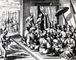 Esküvői szertartás Bantamban, Jáva szigetén, Theodor de Bry (1528-1598) metszete. metszet alkotó: Theodore de Bry