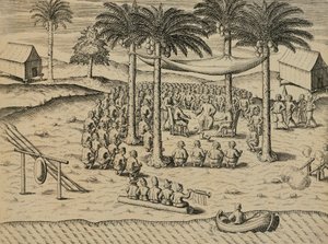 Üdvözlet az afrikai őslakosoktól, illusztráció Antonio Pigafetta Indiae Orientalis című művéből, Theodore de Bry által. alkotó: Theodore de Bry