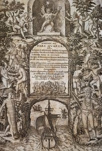 Nyugat-India vagy Amerika, Theodor de Bry (1528-1598), előlap, metszet alkotó: Theodore de Bry