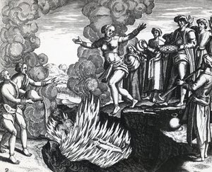 Férje máglyájára vetett nő, Theodor de Bry (1528-1598), metszet alkotó: Theodore de Bry