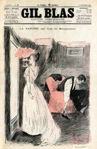 Steinlen illusztrációja Guy de Maupassant „A parure” című novellájából. Madame Loisel nézi magát a tükörben, miközben férje leveszi a cipőjét. Rájön, hogy elvesztette a nyakláncot (gyémántfolyó), amelyet barátja, Madame Fores kölcsönzött neki