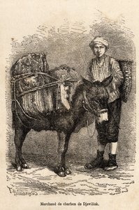 Szénkereskedő szamarával Djewiliskben (Észak-Anatólia), amelyet az elbeszélő 1869-es lazisztáni és örményországi utazását illusztráló rajza nyomán metszett, Theophile Deyrolle, megjelent a „Le tour du monde” 1875-ben, szerkesztette Edouard Charton