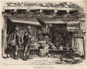 Élelmiszerbolt Erzeroumban (Örményország), a szerző rajza nyomán gravírozva, amely a lazisztáni és örményországi utazást illusztrálja, Theophile Deyrolles 1869-ben, megjelent a "" Le tour du monde"" 1875-ben, szerkesztette Edouard Charton, Hachette kiadás,