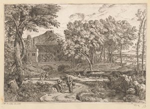 Árkádiai táj kecskecsordával a víz mellett, anyával és gyermekével egy ösvényen más alakokkal Suite de Paysages (sorozat címe)